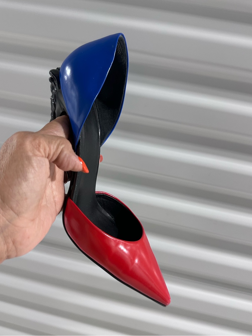 Versace Medusa Women's Two-Tone Pointed Toe Pump in Red and Blue
